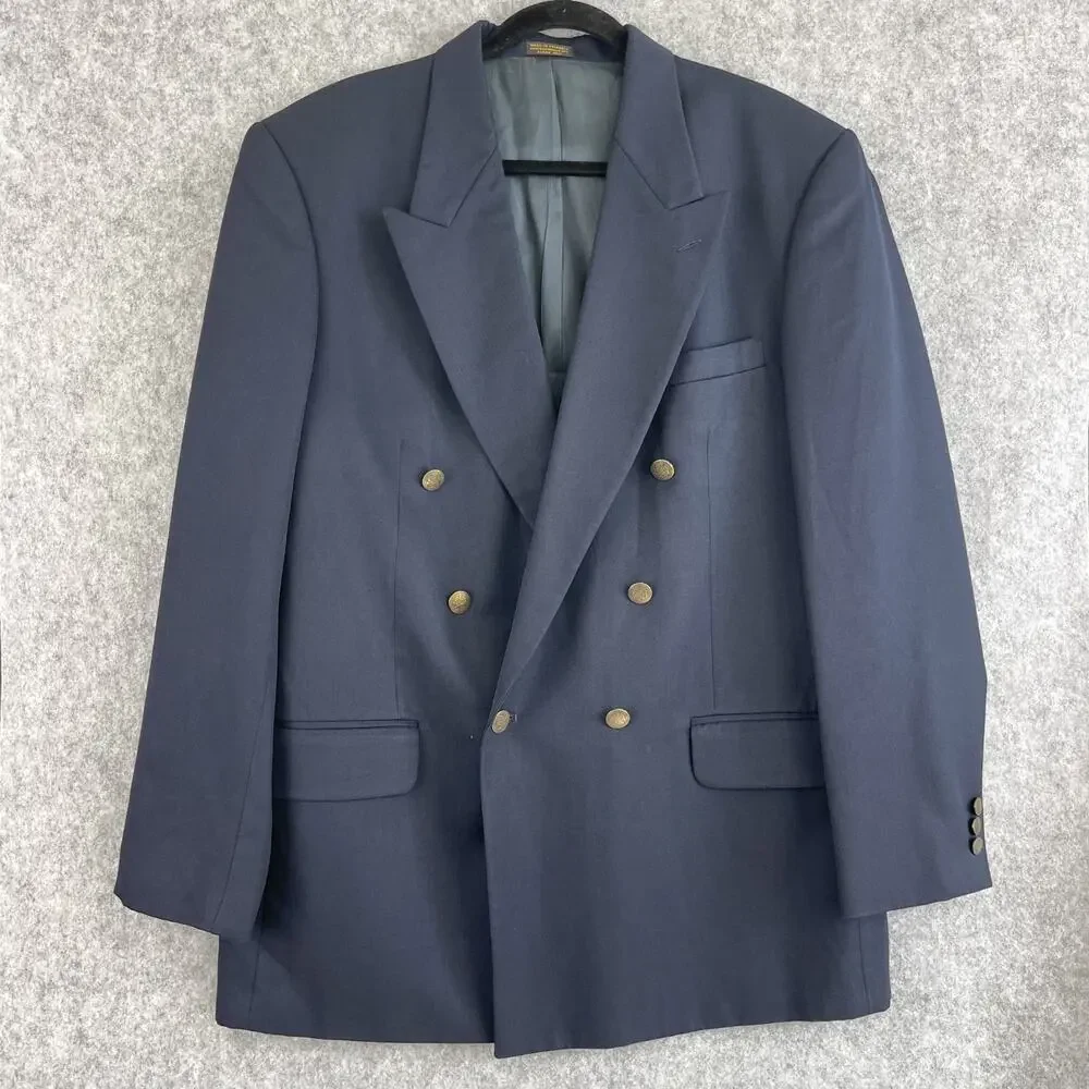 Oscar De La‎ Renta Blazer Jacket Mens 42L Blue Wool Double Breasted Gold Button